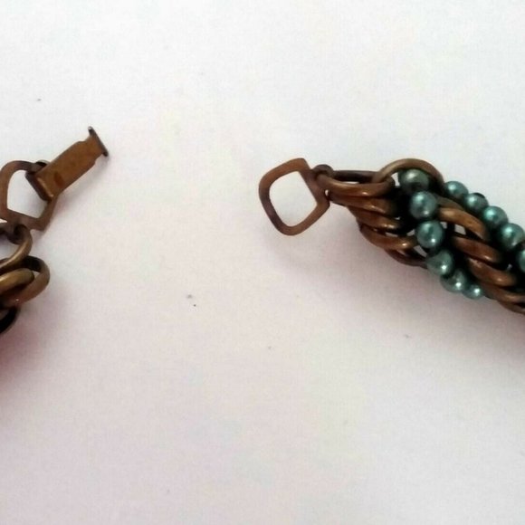 Antique Necklace Choker Twisted Solid Brass Many Rings Wrapped Green Faux Pearl - Picture 2 of 3